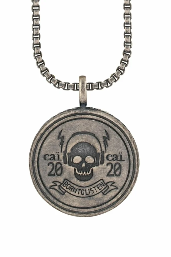 Anhänger mit Kette 925/- Silber matt oxidiert Rock Music Skull Wappen