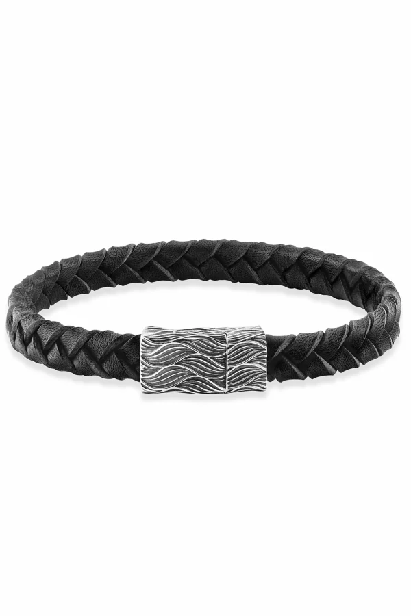 Armband 925/- Sterling Silber oxidiert Lederband 19cm