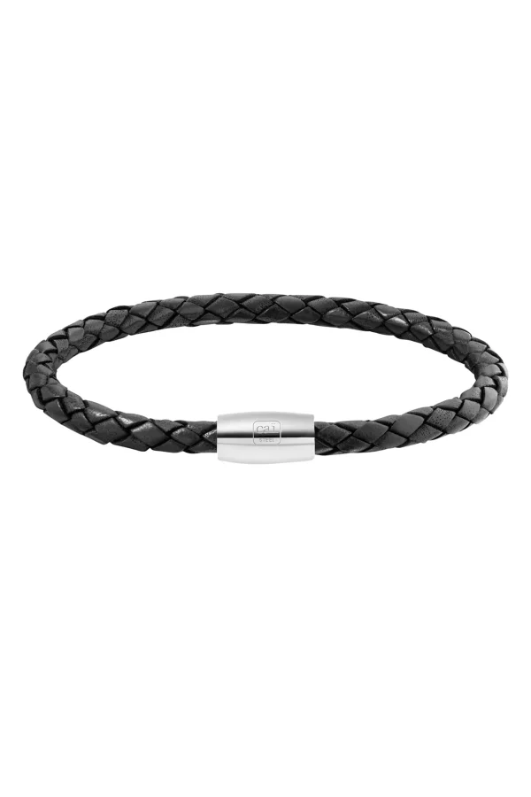 Armband Edelstahl Leder schwarz 23cm