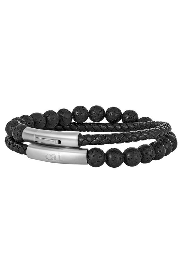 Armband Lavakugeln und Leder schwarz 21cm