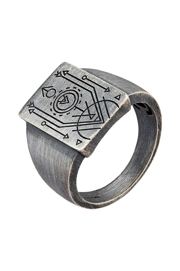 Ring 925 Silber Siegelring matt oxidiert Tattoo Motiv