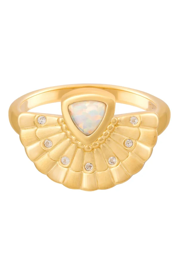 Ring 925 Silber vergoldet Fächer Anhänger mit Opal & Weißtopas