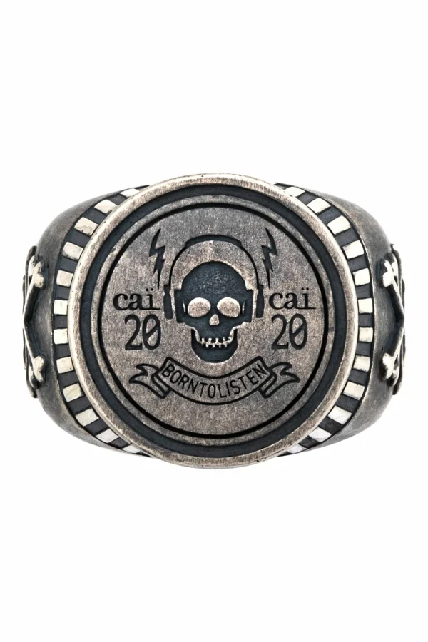 Ring 925/- Sterling Silber Siegelring matt oxidiert Rock Music Skull