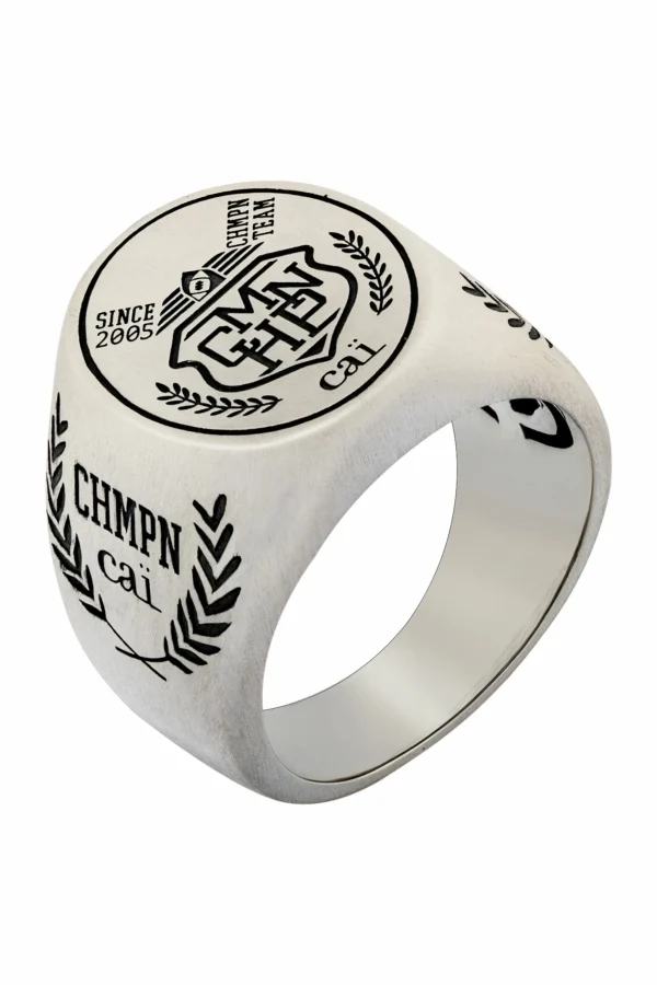 Ring 925/- Sterling Silber Siegelring satiniert oxidiert Champion Wappen