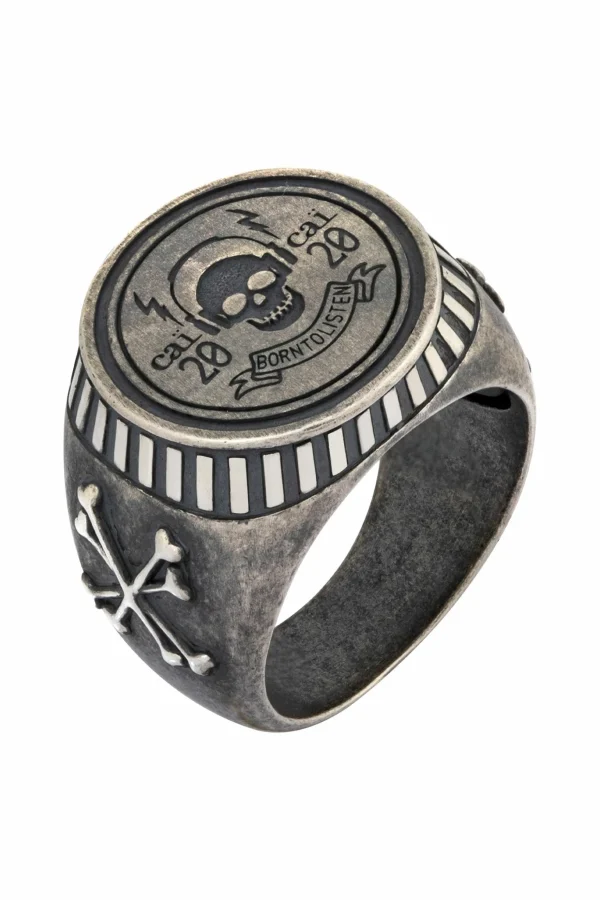 Ring 925/- Sterling Silber Siegelring matt oxidiert Rock Music Skull